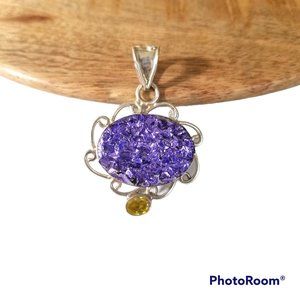 Purple Druzy Oval Pendant with Citrine Quartz In Sterling Silver